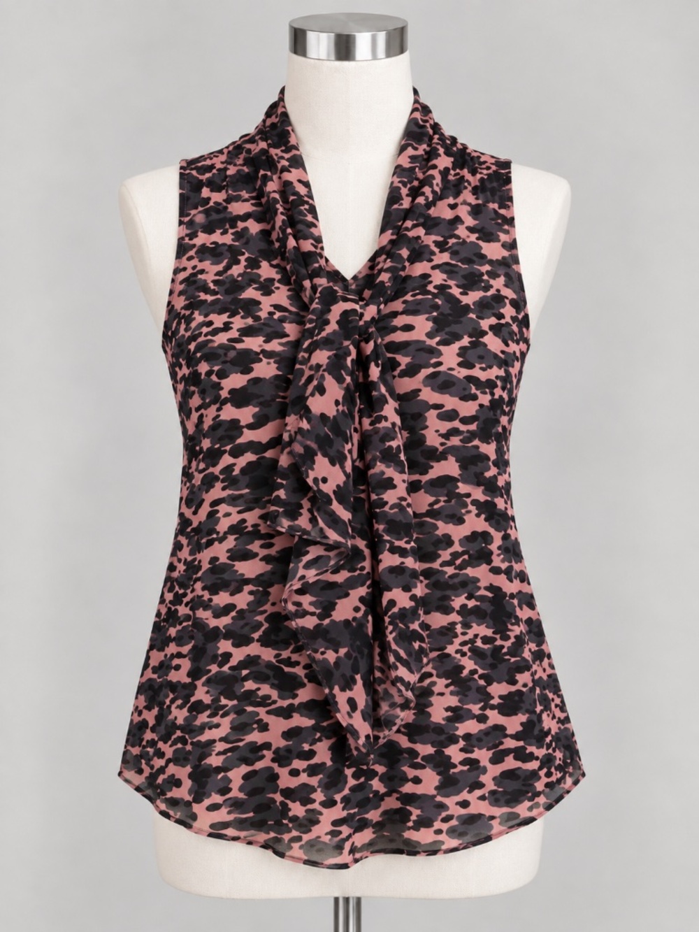 CAbi 3075 9 to 5 Pink Black Leopard Camo Print Sleeveless Tie Neck Blouse Size S